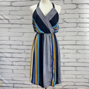 Monteau Los Angeles Womens Striped Surplice Halter Midi Dress Navy Yellow Large